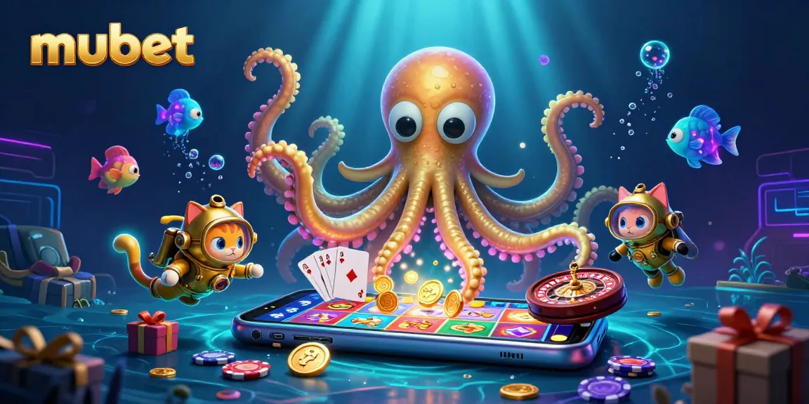 Spin the reels with mubet featuring a mythical kraken and colorful casino elements underwater.